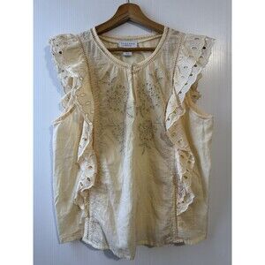 Calypso St. Barth Eyelet Embroidered Ruffle Tank Top Sz L Light Yellow Scalloped